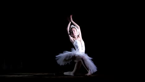 in-rays-of-spotlight,-on-the-stage-of-the-old-theater-hall.-Young-ballerina-in-suit-of-white-swan-and-pointe-shoes,-dances-elegantly-certain-ballet-motion,-part-de-bras