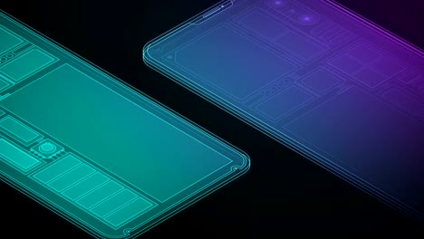 3D-isometrische-virtuelle-Transparenz-zeigen-im-inneren-Teil-des-Smartphone-bewegt,-Digitaltechnik-Konzeption-auf-blauen-und-violetten-Gradienten-Hintergrund,-nahtlose-Schleife-Animation-4K-mit-textfreiraum