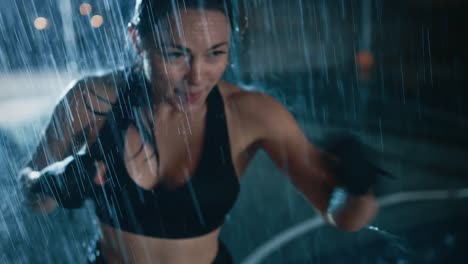 Hermosa-chica-Fitness-deportivo-es-haciendo-ejercicios-de-Sharowboxing.-Ella-está-haciendo-un-entrenamiento-en-la-noche-en-lluvia-pesada-con-una-luz-detrás-de-ella.