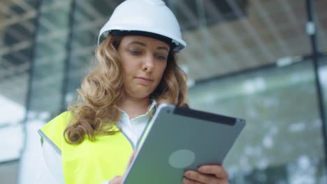 Weiblicher-Ingenieur-in-Hard-Hat-und-Sicherheits-Weste-mit-Tablet-Computer-auf-der-Baustelle.-Glasbau-am-Hintergrund.