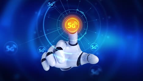 Roboterhand-auf-dem-Bildschirm-berühren,-dann-high-Speed-5G-Symbole-erscheint