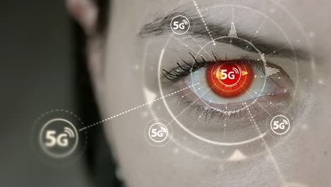 Young-cyborg-female-blinks-then-high-speed-5G-symbols-appears.