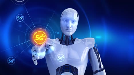 Humanoide-Roboter-auf-dem-Bildschirm-berühren,-dann-high-Speed-5G-Symbole-erscheint