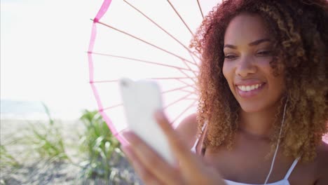 Relaxed-plus-size-African-American-female-holding-parasol