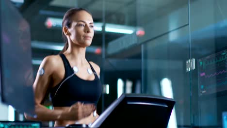 In-Scientific-Sports-Laboratory-Beautiful-Woman-Athlete-Runs-on-a-Treadmill-with-Electrodes-Attached-to-Her-Body,-Monitors-Show-EKG-Data-on-Display.-Slow-Motion.