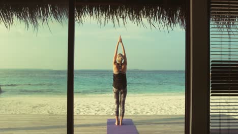Back-View-Shot-of-a-Fit-Young-Woman-Doing-Yoga-on-a-Porch-of-a-Gym-Hut.-In-the-Background-Exotic-Island-with-Beautiful-Calm-Sea-and-Clear-Sunny-Sky.