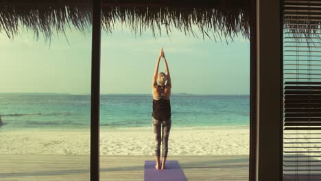 Vista-trasera-toma-de-una-forma-joven-haciendo-Yoga-en-un-porche-de-una-cabaña-de-gimnasio.-En-el-fondo-exótico-isla-con-mar-calma-y-claro-soleado-cielo.