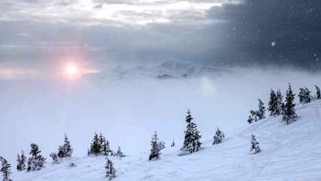 Nieve-que-cae-en-una-montaña-del-invierno-con-nieve-cubierto-árboles