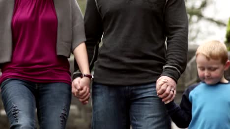 A-mother-and-father-hold-their-sons-hands-as-they-walk-down-some-park-stairs