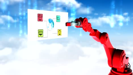 Digitally-generated-video-of-red-robotic-arm-holding-card-with-networking-icon