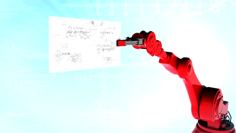 Digitally-generated-video-of-red-robotic-arm-holding-card-with-mathematical-formula