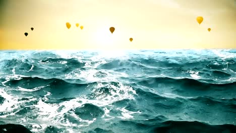 High-quality-animation-of-ocean-waves-with-beautiful-air-balloons-on-the-background.-Looping.