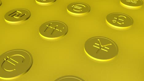 Camera-moving-through-golden-coins-with-currency-signs