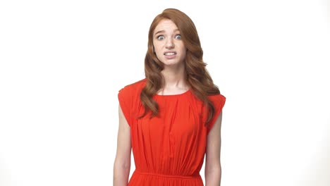 Young-beautiful-caucasian-woman-in-gorgeous-orange-dress-standing-and-say-no-isolated-over-white-background-while-looking-camera.