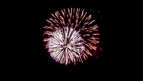 Bright-fireworks-on-the-holiday.-In-the-night-sky-shines-a-bright-fireball-crimson.-An-interesting-ball-is-in-the-center-of-fireworks,-around-small-balls-of-different-colors