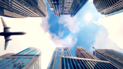 Airplane-flies-over-a-modern-megapolis-at-sunrise-in-slow-motion