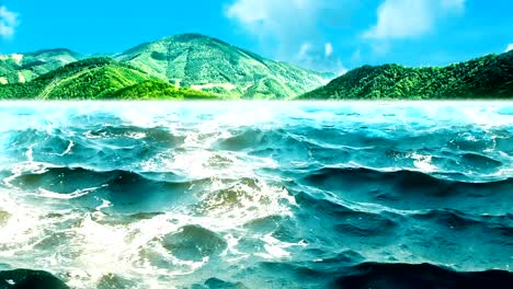 Animación-de-alta-calidad-de-olas-del-mar-con-hermosas-montañas-verdes-en-el-fondo.-Bucle.