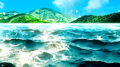 High-quality-animation-of-ocean-waves-with-beautiful-green-mountains-on-the-background.-Looping.