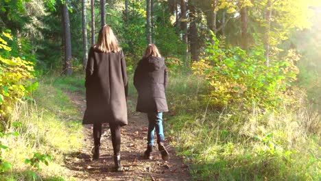 Mujer-y-su-hija-camina-en-el-bosque-de-otoño.