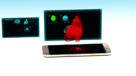 Smartphone-proyecta-un-holograma-del-corazón-humano,-el-concepto-de-desarrollo-de-la-tecnología-en-medicina