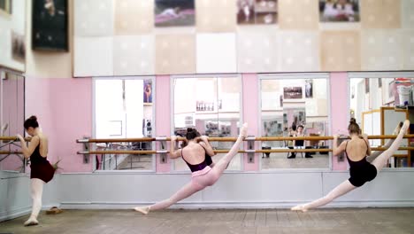 en-salón-de-baile,-jóvenes-bailarinas-en-negro-leotardos-estiramiento-en-barra,-en-los-zapatos-del-pointe,-elegantemente,-de-pie-cerca-barre-en-espejo-en-clase-de-ballet