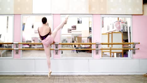 in-dancing-hall,-Young-ballerina-in-purple-leotard-performs-elegantly-a-certain-ballet-exercise,-developpe-a-la-second,-standing-near-barre-at-mirror-in-ballet-class