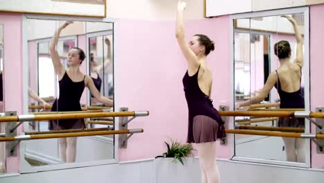 in-dancing-hall,-Young-ballerina-in-purple-leotard-performs-elegantly-a-certain-ballet-exercise,-grand-battement-back,-standing-near-barre-at-mirror-in-ballet-class