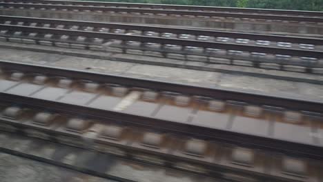 Moving-train-point-of-view-footage,-fast-motion-mode.