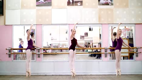 in-dancing-hall,-Young-ballerinas-in-purple-leotards-perform-grand-battement-back-on-pointe-shoes,-raise-their-legs-up-elegantly,-standing-near-barre-at-mirror-in-ballet-class