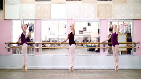 im-Tanzsaal,-junge-Ballerina-in-lila-Trikots-führen-grand-Battement-zurück-auf-spitzenschuhen,-heben-Sie-ihre-Beine-elegant,-stehen-in-der-Nähe-von-Barre-am-Spiegel-in-Ballett-Klasse