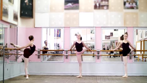 in-dancing-hall,-Young-ballerinas-in-black-leotards-stretching-at-barre,-elegantly,-standing-near-barre-at-mirror-in-ballet-class
