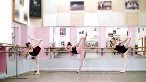 in-dancing-hall,-Young-ballerinas-in-black-leotards-are-stretching,-standing-near-barre-at-mirror-in-ballet-class