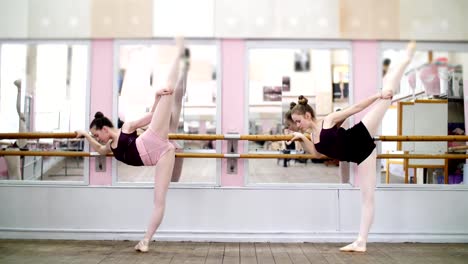 in-dancing-hall,-Young-ballerinas-in-black-leotards-are-stretching,-standing-near-barre-at-mirror-in-ballet-class