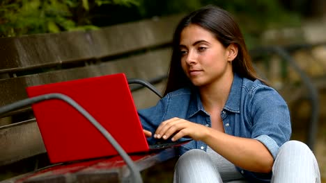 Mujer-escribiendo-en-un-ordenador-portátil-en-un-parque