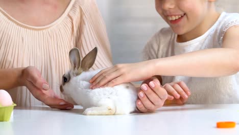 Mutter-und-Tochter-spielen-mit-kleinen-flauschigen-Hasen-streicheln-ihn,-Liebe-und-Fürsorge