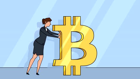 Flat-cartoon-businesswoman-character--pushes-a-bitcoin-sign-money-concept-animation-with-alpha-matte