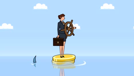 Flat-cartoon-businesswoman-character-with-helm-wheel-floating-on-dollar-coins-near-shark-businesss-control-concept-animation