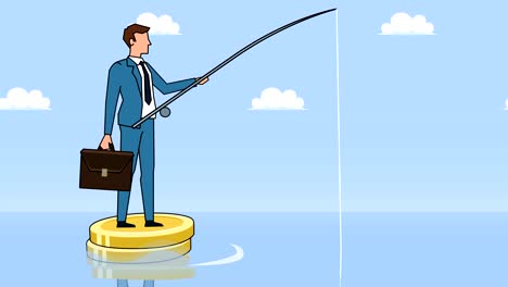 Flat-cartoon-businessman-character-fisher-with-fishing-rod-floating-on-dollar-coins-finance-businesss-concept-animation