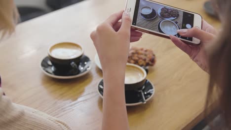 Frau-Hands-nimmt-Lebensmittel-auf-Handy-im-Cafe-Closeup