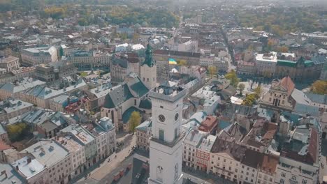 Aerial-City-Lviv,-Ukraine.-European-City.-Popular-areas-of-the-city.-Town-Hall