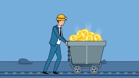 Flat-cartoon-businessman-character-pushing-miners-wagon-barrow-with-gold-bitcoin-coins-business-concept-animation