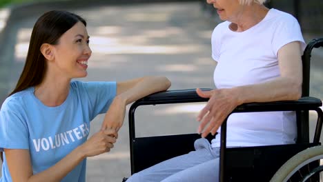 Voluntario-sonriente-hablando-con-una-vieja-paciente-en-silla-de-ruedas,-relájese-en-el-parque