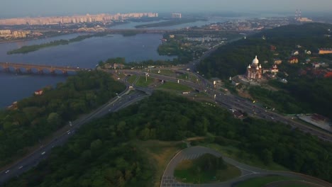 Aerial-view-Mother-Motherland-in-Kiev-city,-Ukraine.-Citu-panorama-from-above