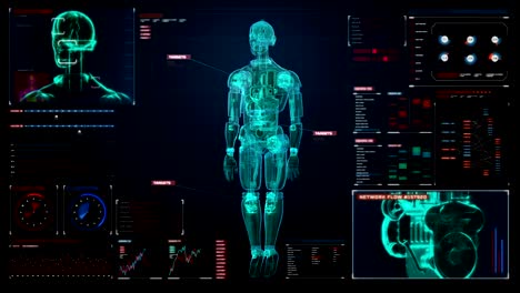 Rotierende-semitransparency-3D-Roboter-Körper-in-die-digitale-Schnittstelle-Skelett-Scannen.