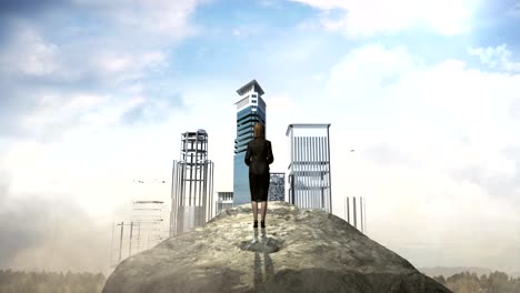 Break-wall.-Businesswoman-standing-in-front-of-cliff.-build-buildings.