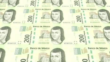 Billetes-de-200-pesos-mexicanos-del-Banco-de-México-rodando-en-pantalla,-monedas-del-mundo,-dinero-en-efectivo,-bucle