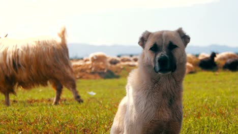 Schäferhund,-die-Bewachung-der-Herde-von-Schafen-im-Feld