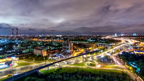 Moscow-timelapse,-night-view-of-the-third-transport-ring-and-the-central-part-of-Moscow's-rings,-traffic,-car-lights