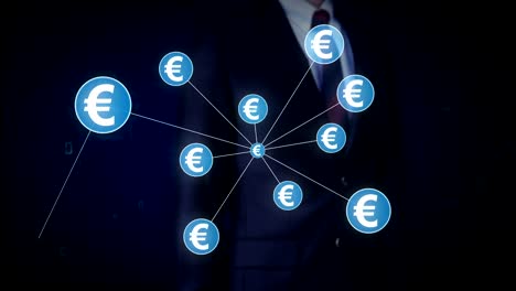 Businessman-touching-Euro-currency-symbol,-Numerous-dots-gather-to-create-a-Pound-currency-sign,-dots-makes-global-world-map,-internet-of-things.-financial-technology