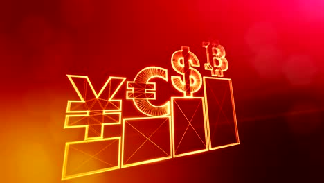 Sign-of-pound-dollar-yen-bitcoin-on-columns.-Financial-background-made-of-glow-particles-as-vitrtual-hologram.-Shiny-3D-loop-animation-with-depth-of-field,-bokeh-and-copy-space.-Red-background-v1